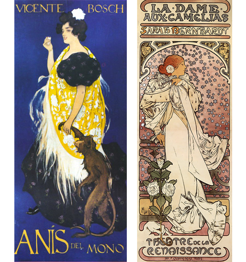 A la izquierda, cartel Mono y mona, de Ramón Casas, para Anís del Mono. A la derecha, La dama de las camelias, de Alfons Mucha. 