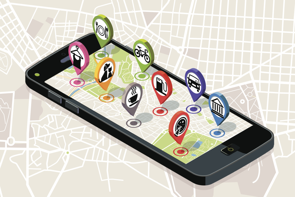 City map with GPS services Icons. Smartphone. On it screen a vector map of the city, where  appear pins with the location of different service icons.